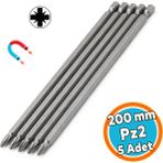 Nzb Mıknatıslı 200 mm Pozidriv Bits Uç Pz2 Manyetik 1/4" Matkap Ucu 20 cm Güçlü Tayvan Çeliği (5 Adet) - Gri