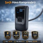Nzb Şarjlı Hava Kompresörü Taşınabilir 150 Psı Araba Bisiklet Motor Top Lastik Şişirme Dijital Ekranlı - Siyah