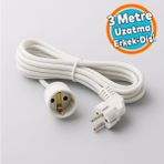 Nzb Uzatma Kablosu Seyyar 3 Metre Dişi-Erkek Fişli F19C Kalın Priz Prizli Sanayi Bahçe Elektrik Kablosu - Beyaz