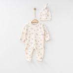 O Baby Mantar Baskılı Tulum Kız ve Erkek 0/3/6AY Patikli Bebek Tulum %100 Pamuk Uyku & Günlük Tulum - Bej - Krem - 0 - 3 Ay
