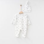 O Baby Mantar Baskılı Tulum Kız ve Erkek 0/3/6AY Patikli Bebek Tulum %100 Pamuk Uyku & Günlük Tulum - Beyaz - 3 - 6 Ay