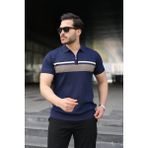 Oada Erkek Örgü Desenli Renkli Kısa Kollu Triko Tişört - Lacivert - 2XL