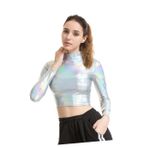 OATIPHO Kadın Parlak Büstiyer Patent Deri Performans Elbisesi Kol Üstü Cosplay Sahne Giysileri Beden Xl