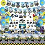 Obussgar Polis doğum günü partisi dekorasyonları – Polis parti malzemeleri, Happy Birthday afişi, pasta süsü, hediye çantaları, balonlar, masa örtüsü, çocuk doğum günü partisi için