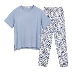 OCCIENTEC Kadın Pijama Takımı Bisiklet Yaka 2 Parça Pijama Seti Bayanlar için Düz Kısa Kollu Üst ve Baskılı Pantolon Kadın Yumuşak Ev Giyim Seti Mavi, mavi, S