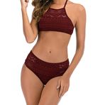 Ocean Plus Kadın Dantel Yüksek Kapalı Bikini Seti Kurdele File Tank Top Beachwear İki Parçalı Tankini (XL (TR 38-40), Kırmızı)