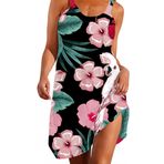 Ocean Plus Kadın Günlük A-Line Yuvarlak Yaka Günlük Elbise Dijital Baskı Sırt Dekolteli Kolsuz Elbise (5XL (EU 46-48), Açık pembe çiçekler ve yeşil yapraklar)