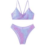 Ocean Plus Kadın İki Parçalı Bikini Seti İpli Mayolu Denizkızı Ölçekli Örgü Tank Top Bikini (L (TR 38-40), Mor)
