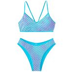 Ocean Plus Kadın İki Parçalı Bikini Seti İpli Mayolu Denizkızı Ölçekli Örgü Tank Top Bikini (XL (TR 40-42), Mavi)
