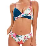 Ocean Plus Kadın Push Up çiçekli bikini seti, göğüs dolgulu, askılı bikiniler, iki parçalı, büzme ipli mayo, Koyu yeşil., XXL