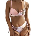 Ocean Plus Kadın Push Up çiçekli bikini seti, göğüs dolgulu, askılı bikiniler, iki parçalı, büzme ipli mayo, pembe çiçek, L