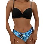 Ocean Plus Kadın Push Up çiçekli bikini seti, göğüs dolgulu, askılı bikiniler, iki parçalı, büzme ipli mayo, Siyah, S