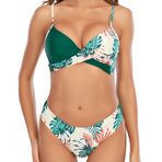 Ocean Plus Kadın Push Up çiçekli bikini seti, göğüs dolgulu, askılı bikiniler, iki parçalı, büzme ipli mayo, Yeşil., M