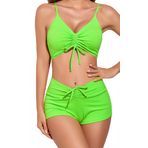 Ocean Plus Kadın V yaka bikini seti, büzme ipli yüzme şortu, bikini seti, boksörlü, tek renkli, iki parçalı, hızlı kuruyan mayo modası, neon yeşil, S