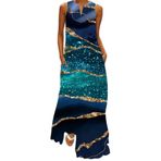 Ocean Plus Kadınların Vintage Yazdırması Maxi Elbise Çok Renk Uzun Uykusuz Cep Elbisesi V Boynunla (5XL, Mavi Sıradan)