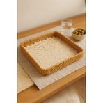 Ocean Point Sedef Işlemeli Kare Rattan Servis Tepsisi, El Yapımı, Krem Yaprak Desen, 28 cm