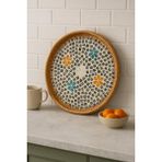 Ocean Point Sedef Mozaik Rattan Servis Tepsisi, El Yapımı Boho Sunum Tepsisi, Kahve/çay Ikram, 40 cm
