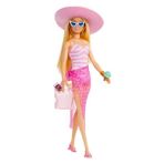 Odea Barbie Mayosu ve Plaj Temalı Aksesuarları Olan Sarışın Bebek, Pembe ve Beyaz Mayosu, Şapkası, El Çantası ve Plaj Temalı Aksesuarları Olan Sarışın Barbie Bebek, HPL73