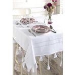 Ödel Home Ajurlu İşlemeli ve Ponponlu Masa Örtüsü Beyaz 140 x 240