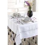 Ödel Home Ajurlu Siyah İşlemeli ve Ponponlu Masa Örtüsü Beyaz 140 x 240