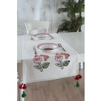 Ödel Home Buldan Kumaşı Çiçek Taş Baskılı Ponponlu Runner Naturel