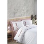Ödel Home İnce Dantelli Nakış İşlemeli Nevresim Takımı Beyaz - Pembe 200 x 220