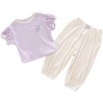Odziezet Küçük çocuk baskılı üst giyim, küçük çocuk gündelik kıyafet, bebek kısa kollu pantolon seti, kız çocuk yaz kıyafeti, tek renkli set, çocuk fırfırlı kısa kollu elbise, 2-9 yaş, mor, 8-9 yaş