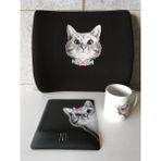 Office Küp 3'lü Ofis Seti Bel Yastığı Kahve Bardağı Mouse Pad Siyah Kedi