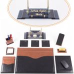 Ofistike 9 Parça Siyah-Taba Lüks Deri Sümen Takımı, Kristal Ayaklı İsimlik ve 33x10 cm Masa Aksesuar Seti