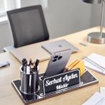 Ofistike Lora Gümüş Renk Ahşap Masa Organizeri Mermer Desenli Hediye Ofis Dekoratif Masa Üstü Isimlik