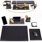 Ofistike Pera Siyah Deri Sümen Takımı 6 Parça Gold Mermer Desen 50x35 cm Ahşap İsimlik Seti