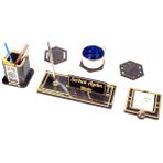 Ofistike Retro Gold Kalemli Ataçlı Ahşap Masa İsimliği Bardak Altlığı Kalemlik Notluk İsimlik Masa Seti