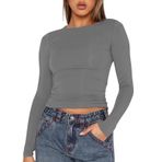 OGBK Kadın Uzun Kollu Tişört Skims Basic Tişört Crop Top Y2K Slim Fit Üst Parça Uzun Kollu Günlük Bisiklet Yaka Tişört, Gri-o1, L