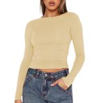 OGBK Kadın Uzun Kollu Tişört Skims Basic Tişört Crop Top Y2K Slim Fit Üst Parça Uzun Kollu Günlük Bisiklet Yaka Tişört, Haki-O1, XL