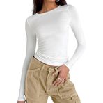 OGBK Uzun kollu tişört, kadın tunik, skims, basic tişört, Crop Top Y2K Slim Fit üst giyim, gündelik, yuvarlak yaka tişört, Beyaz-A, XL