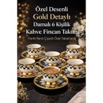Ogeda Home Balsa Porselen Gold Ayaklı Renkli Tombul Dama Desenli 6’lı Türk Kahve Fincan Takımı - Siyah - Beyaz - Altın