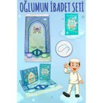 Oğlumun İbadet Seti Erkek Çocuk İsimli Seccade, Kuran Öğreniyorum Elifba Kitabı Seti Mavi