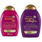 OGX Dolgunlaştırıcı Biotin ve Kolajen 385 ml Şampuan + Kırılma Karşıtı Keratin Oil 385 ml Saç Bakım Kremi