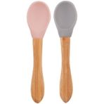 Oioi 2'li Silikon Mama Kaşığı 6+ Ay Bambu Saplı Gri ve Pembe Renkli Hassas Uç