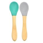 Oioi Aqua Green-Powder Grey Bambu Saplı Silikon 2'li Mama Kaşığı