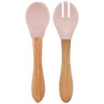 Oioi Pembe Mama Kaşığı Çatal Seti 9+ Ay Yumuşak Silikon Uç ve Doğal Bambu Sap ile Ergonomik Tasarım