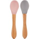 Oioi Pinky Pink-Powder Grey Bambu Saplı Silikon 2'li Mama Kaşığı