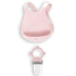 OiOi Püre Pinky Pink Powder Grey Mama Önlüğü, Silikon Beslenme Seti 2'li