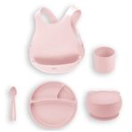 OiOi Silikon Beslenme Seti 5'li, Pembe, Mama Önlüğü, Porsiyon Tabak, Kapaklı Kase, Mini Bardak, Mama Kaşığı