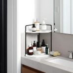 Okay Takı Ve Makyaj Malzemesi Organizeri - 2 Katlı Banyo Kozmetik Takı Düzenleme Standı - Servislik Dekoratif 2 Katlı Raf | Çok Amaçlı Organizer Paslanmaz Çelik & Ahşap Stand - Siyah - Beyaz