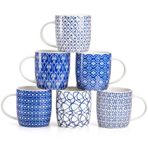 Okllen 6'lı Paket 326 ml Geometrik Desenli Kahve Kupaları, Seramik Kahve Kupaları Şık Çay Kupası Kupa Seti Latte, Kapuçino, Süt, Su, Kakao, Tahıl, Mavi ve Beyaz için Hediye