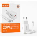 Okmore 20W Hızlı Şarj Adaptörü + Lightning Kablo Seti | Qualcomm Qc 3.0 | iPhone 14 Promax / 14 / 13 / 12 / 11 / x / 8 / 7 / 6 Serisi Uyumlu Güvenli Şarj Aleti - Beyaz