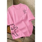 Oksit Ayıcık Baskılı Unisex Oversize Sokak Stili T-Shirt - Pembe - 4XL