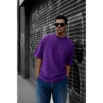 Oksit Benriy Erkek Oversize Basic Bisiklet Yaka Pamuklu T-Shirt Rahat Kesim Unisex Sevgili Kombini - Mor