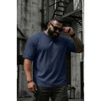 Oksit Kabuk Desen Likralı Erkek Büyük Beden Gofre (Kabartma) Dokulu T-Shirt - Mavi - 3XL
